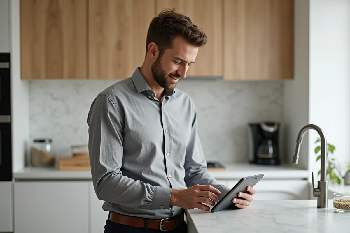 Intervenant à domicile configurant un dispositif de paiement CéZen PRO sur tablette dans une cuisine moderne
