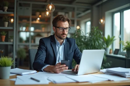 Entrepreneur occup&eacute; au bureau avec papiers et ordinateur