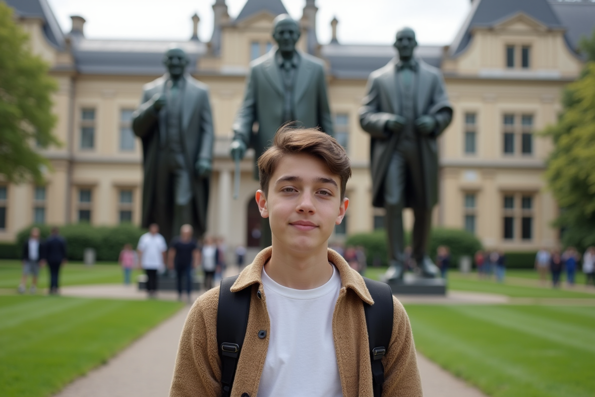 Étudiant devant des statues en bronze représentant différents gouvernements