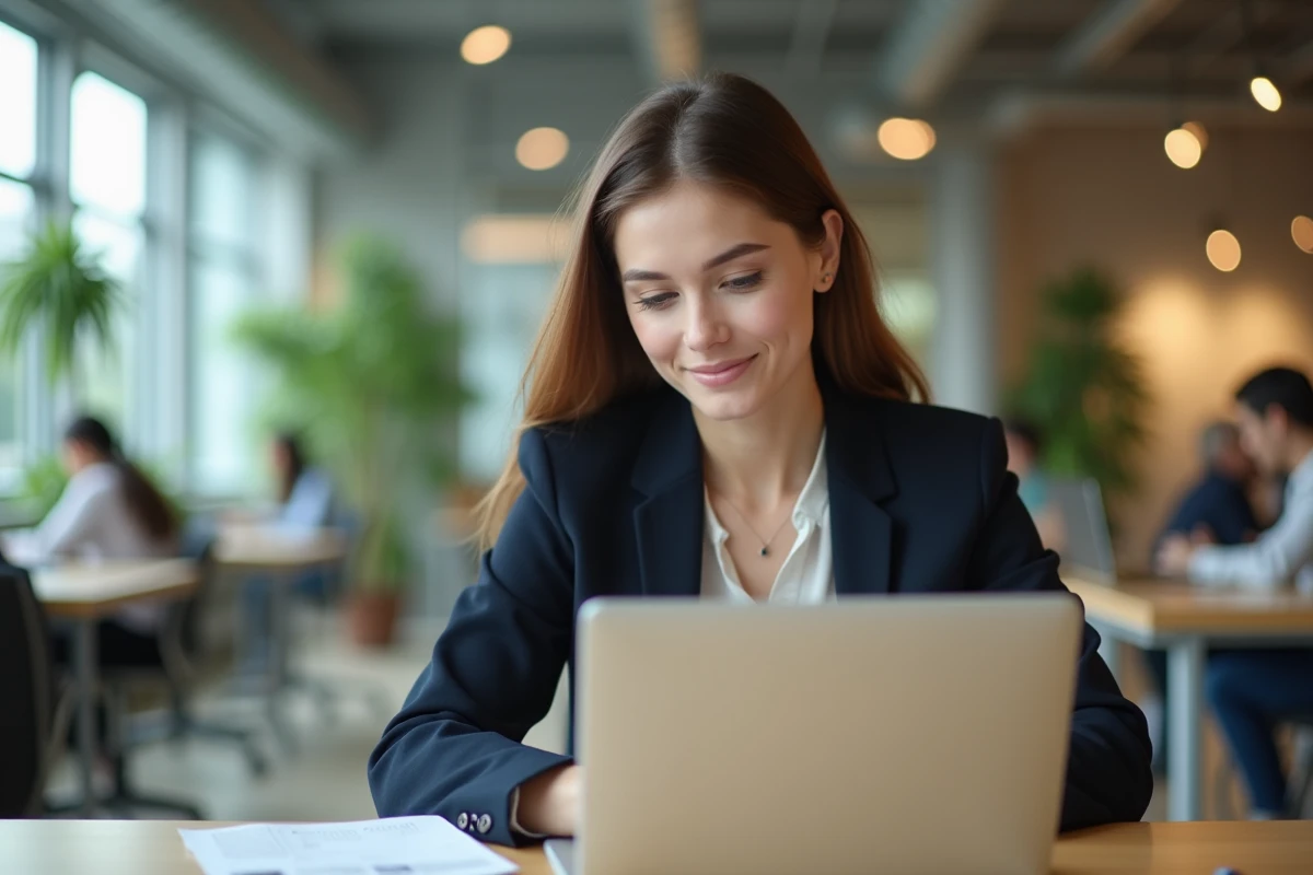 Jeune femme professionnelle concentrée sur son ordinateur dans un espace de coworking