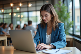 Jeune femme en blazer bleu travaillant sur un ordinateur dans un café