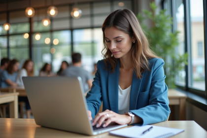 Jeune femme en blazer bleu travaillant sur un ordinateur dans un caf&eacute;