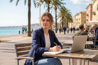 Jeune femme en blazer au café de la Côte d'Azur