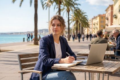 Jeune femme en blazer au café de la Côte d'Azur