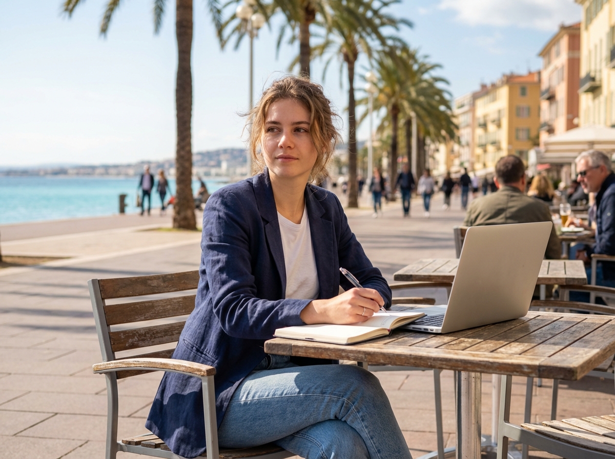 Jeune femme en blazer au café de la Côte d'Azur
