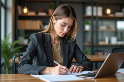 Jeune femme en bureau moderne esquissant des id&eacute;es