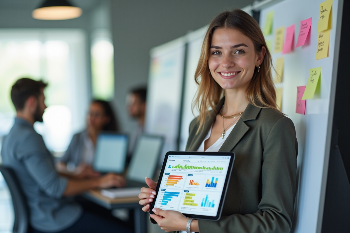 Jeune femme professionnelle avec tablette et tableau