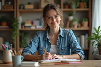 Jeune femme en denim écrit dans un journal cosy