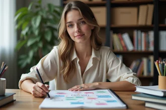 Jeune femme esquissant une mind map des 4 P du marketing