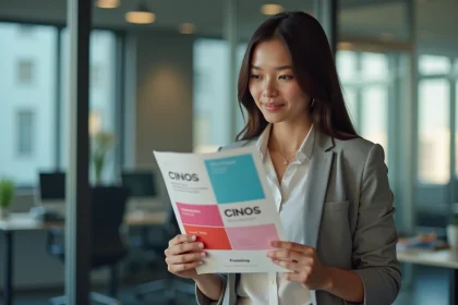 Jeune femme professionnelle tenant un flyer dans un bureau moderne