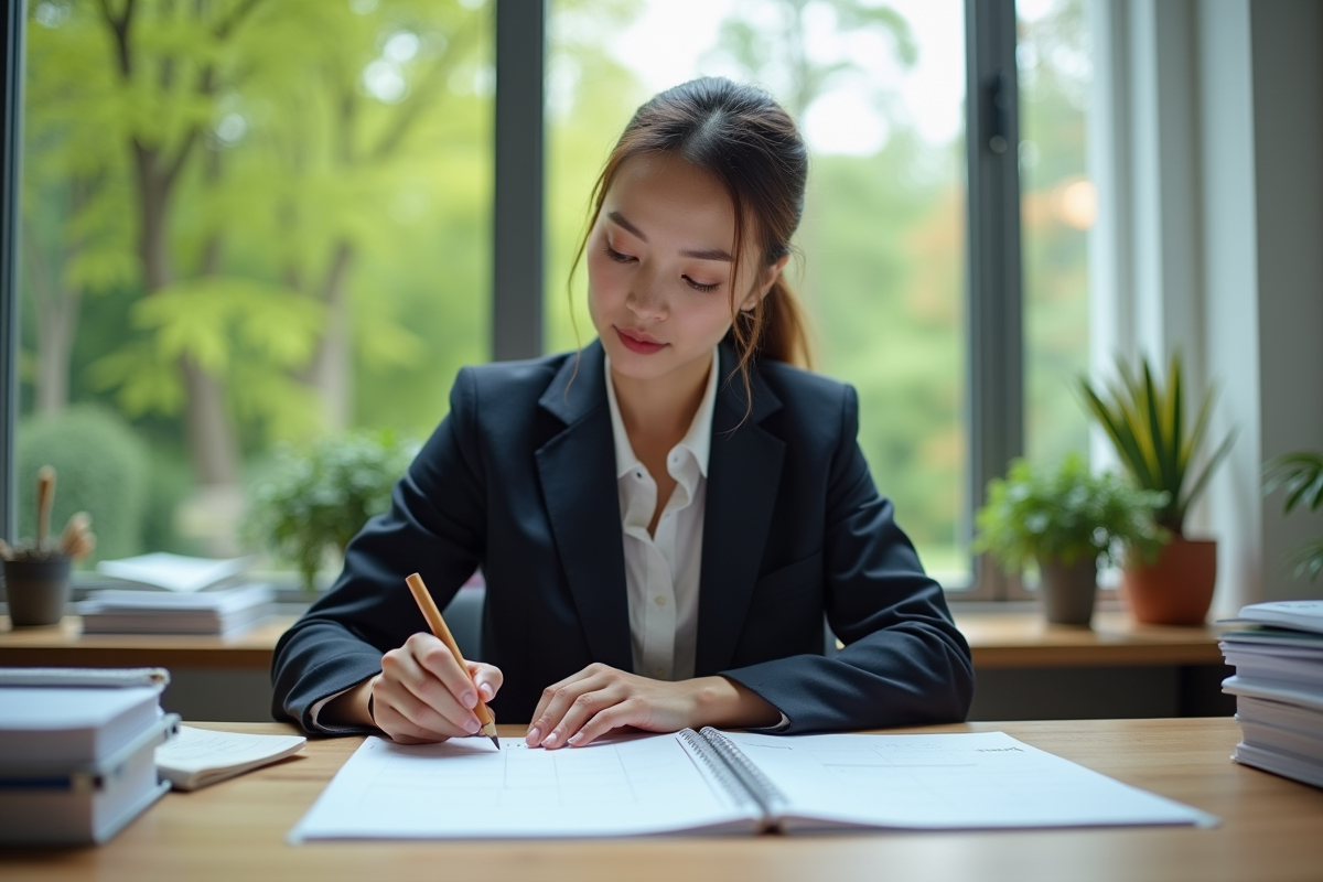 Jeune femme planifiant dates sur calendrier dans son bureau lumineux