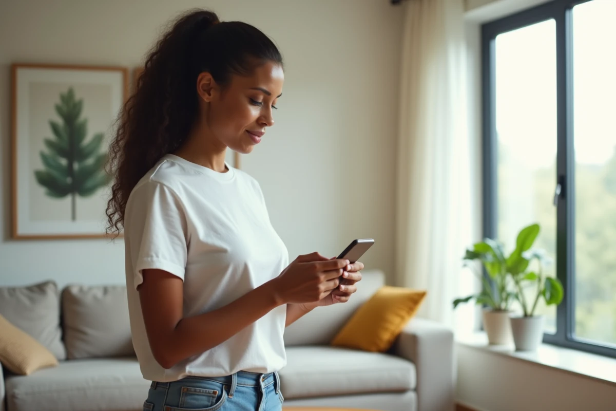 Jeune femme utilisant son smartphone pour contacter Orange et résilier son abonnement mobile
