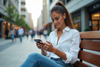 Jeune femme souriante avec smartphone en ville