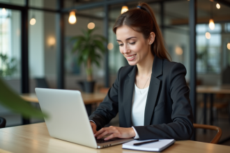 Jeune femme en coworking travaillant sur son ordinateur
