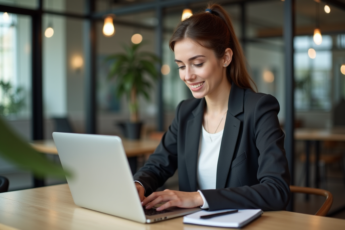 Jeune femme en coworking travaillant sur son ordinateur