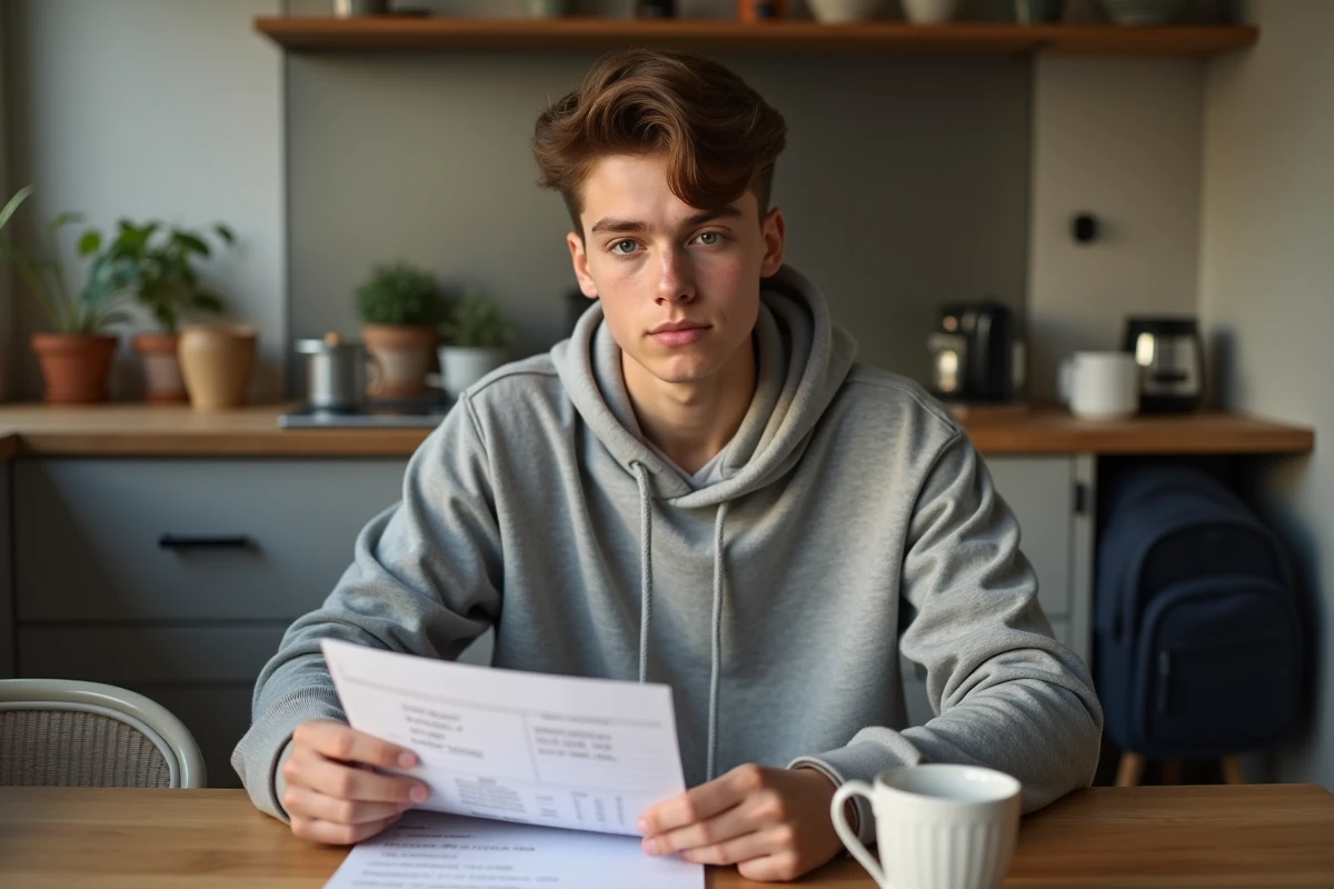 Jeune adulte consultant sa fiche de paie à la maison après un premier emploi en fast-food, symbolisant la découverte du salaire et des droits du travail dès 16 ans