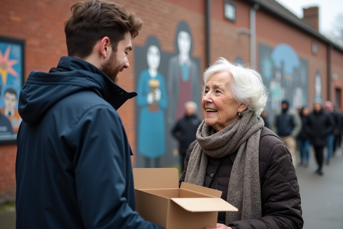 Jeune homme en extérieur échangeant avec une femme âgée