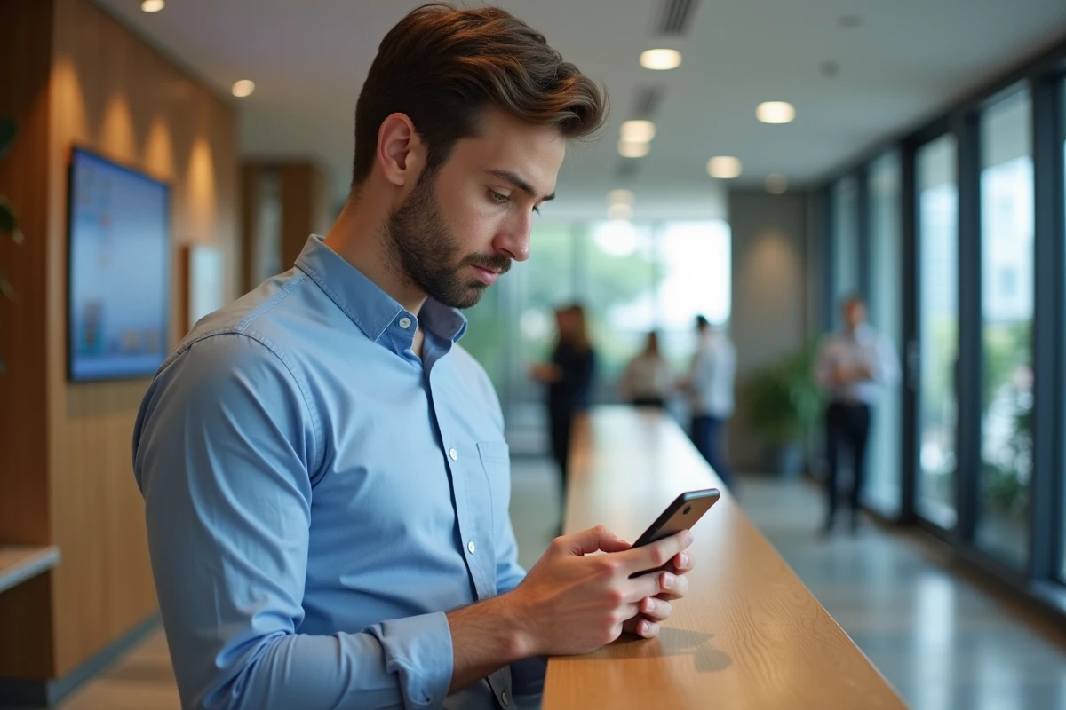 Jeune homme utilisant son téléphone à la réception d