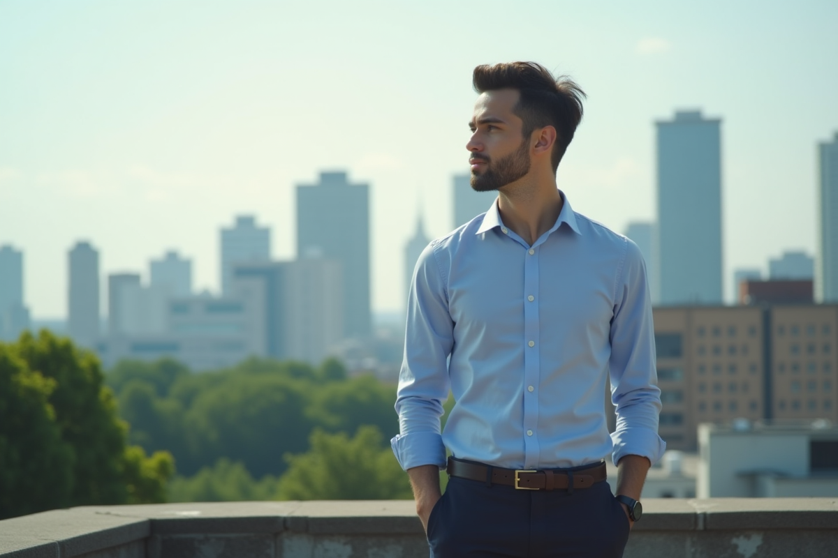 Jeune homme regardant la ville depuis un rooftop urbain