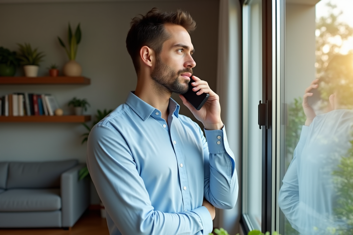 Jeune homme au smartphone dans un intérieur cosy et lumineux