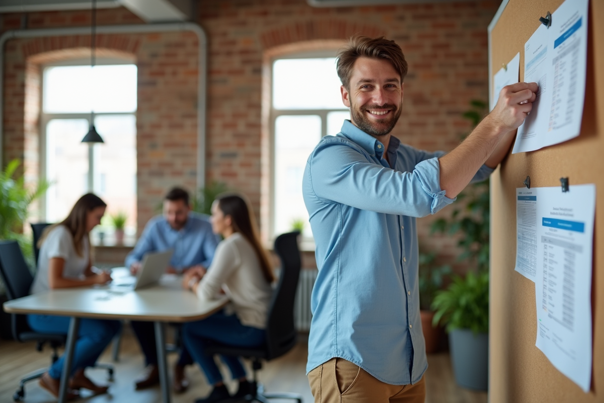 Jeune manager épinglant des graphiques dans un espace de coworking