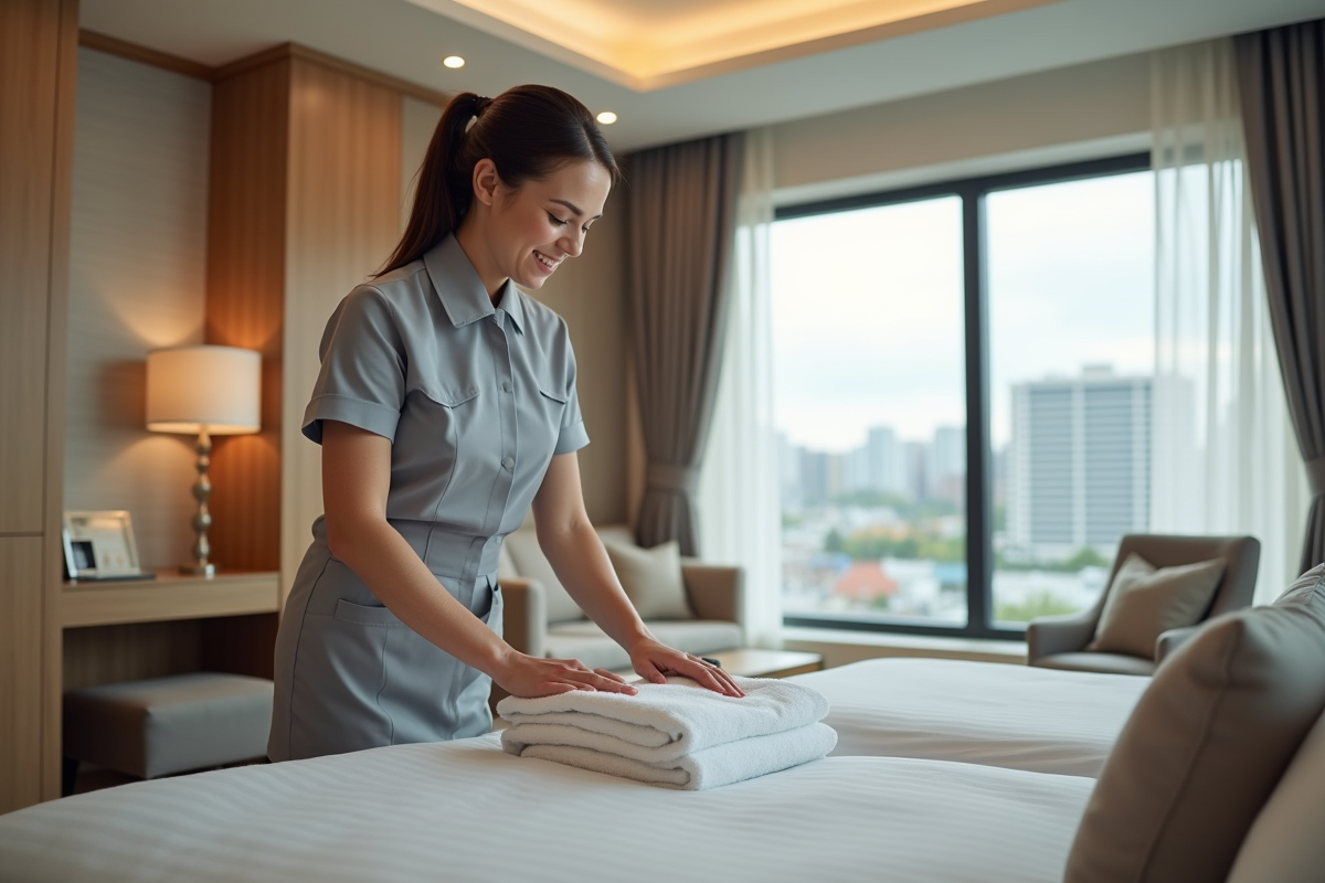 Femme de ménage arrangeant des serviettes dans une chambre d