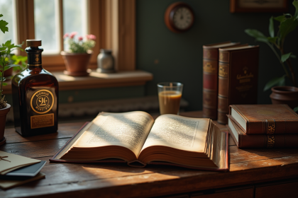 Livre ancien ouvert sur un bureau en bois vintage