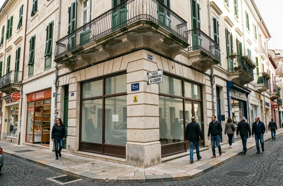 Coin de rue d'une ville corse avec local commercial vide à louer dans un immeuble en pierre typique, évoquant une future implantation McDonald's