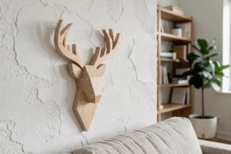 Logo en bois design minimaliste en forme de cerf géométrique monté sur un mur blanc dans un salon scandinave moderne