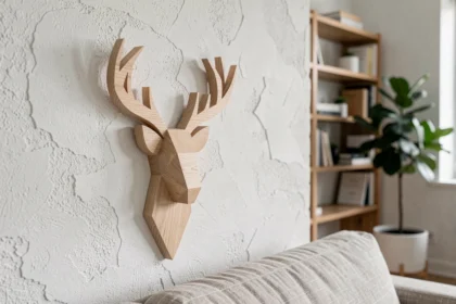 Logo en bois design minimaliste en forme de cerf géométrique monté sur un mur blanc dans un salon scandinave moderne