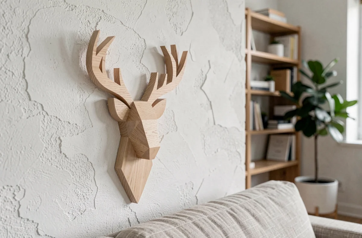 Logo en bois design minimaliste en forme de cerf géométrique monté sur un mur blanc dans un salon scandinave moderne