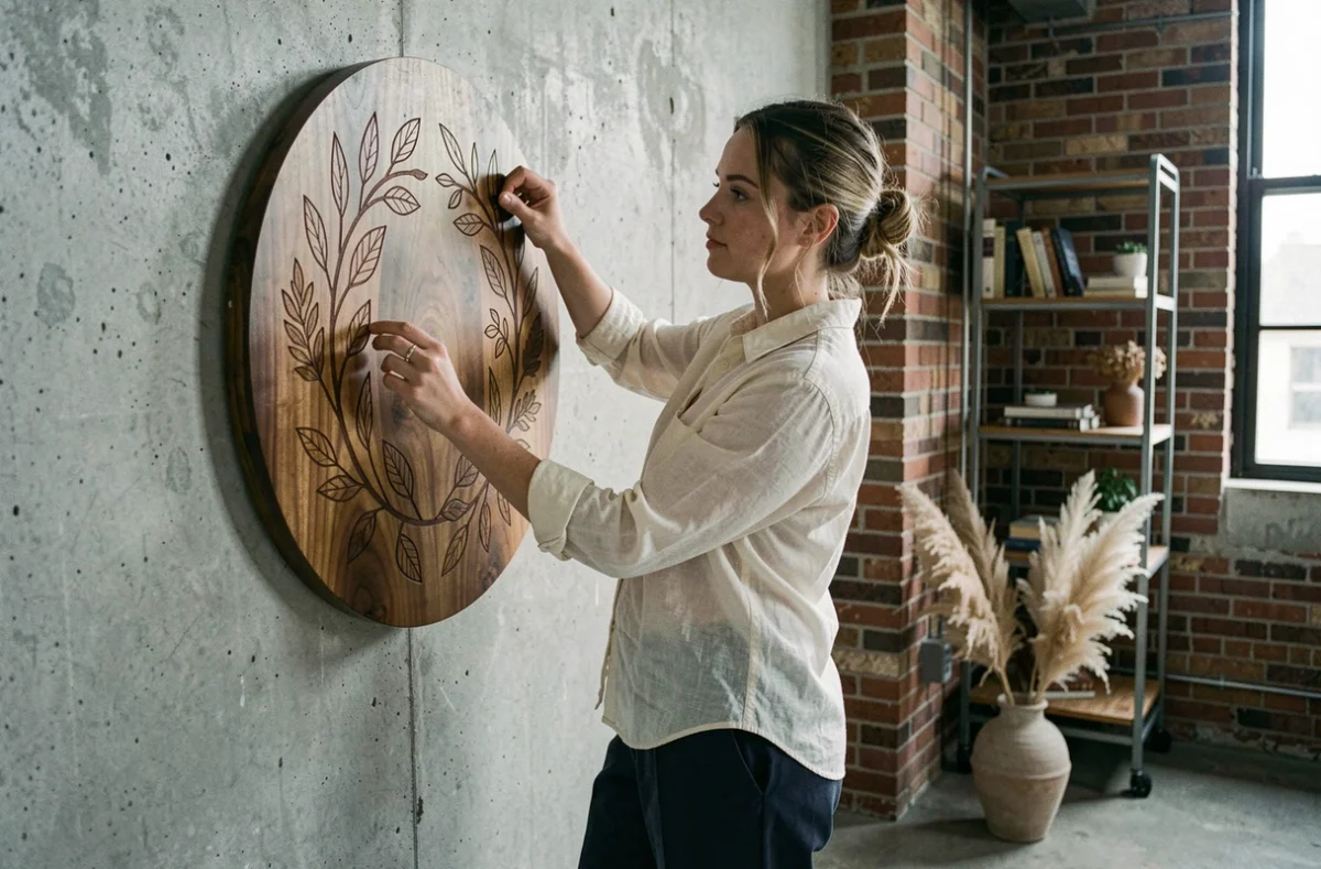 Femme accrochant un logo en bois rond gravé de motifs botaniques sur un mur en béton brut dans un loft industriel