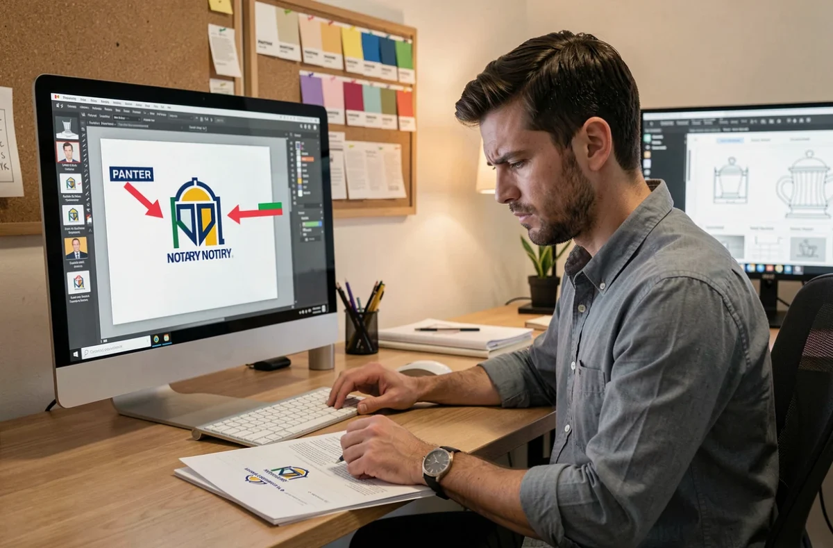 Designer graphique repérant des erreurs dans l'utilisation du logo des notaires sur un écran de conception numérique