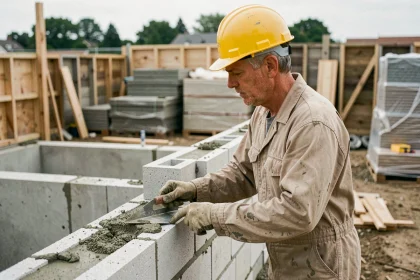 Maçon professionnel posant des parpaings sur un chantier de gros œuvre résidentiel