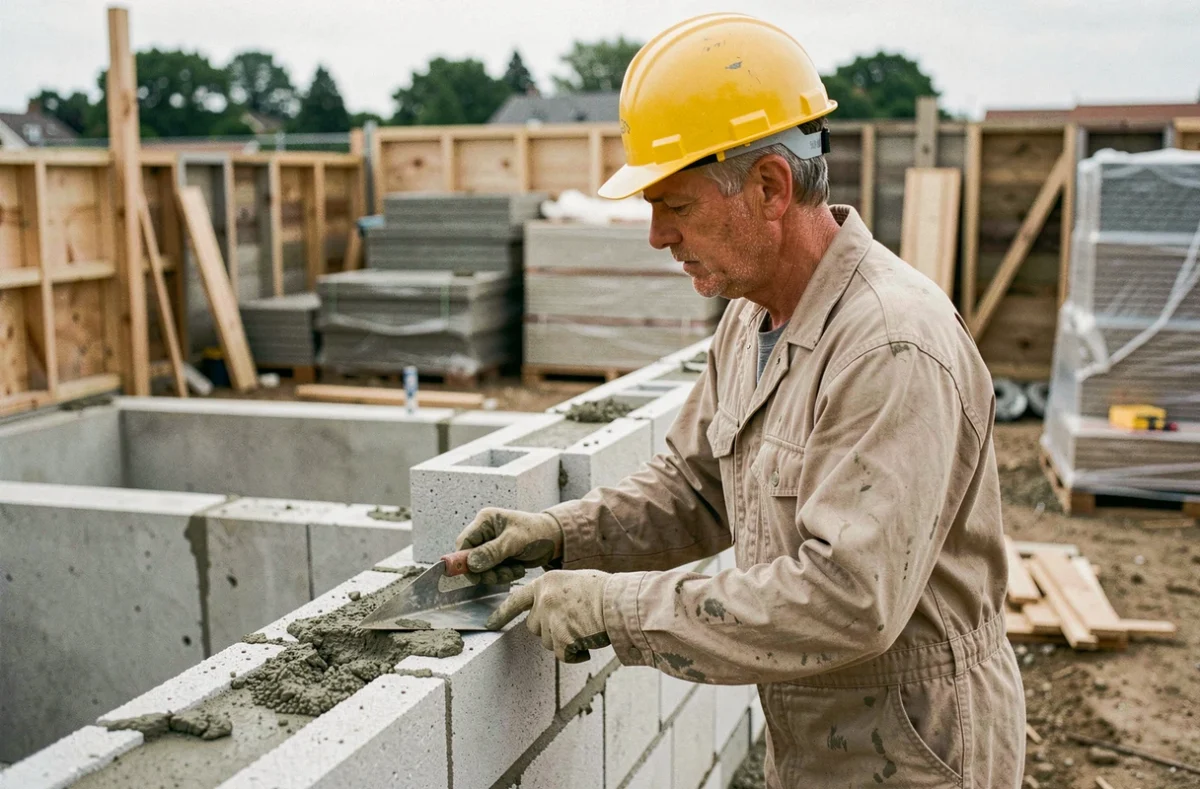 Maçon professionnel posant des parpaings sur un chantier de gros œuvre résidentiel
