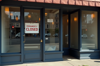 Commerce fermé avec panneau signe ferme definitivement