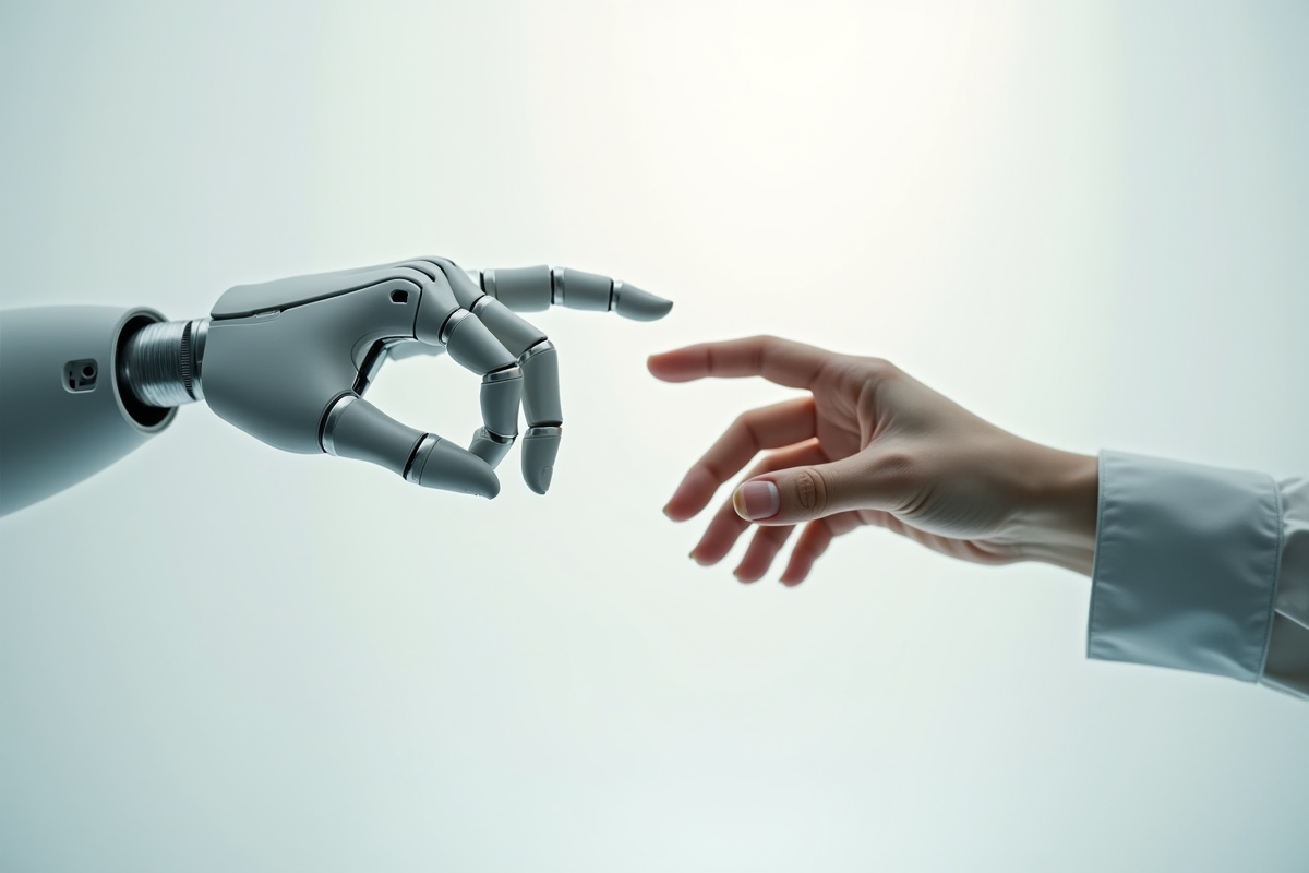 Main humaine touchant une main robotique dans un fond blanc minimaliste