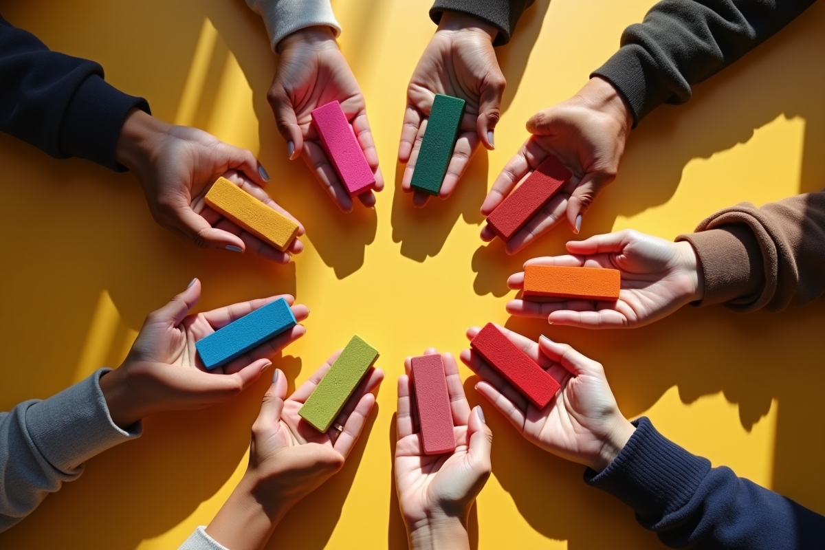 Mains de différentes origines tenant des objets colorés des SDGs