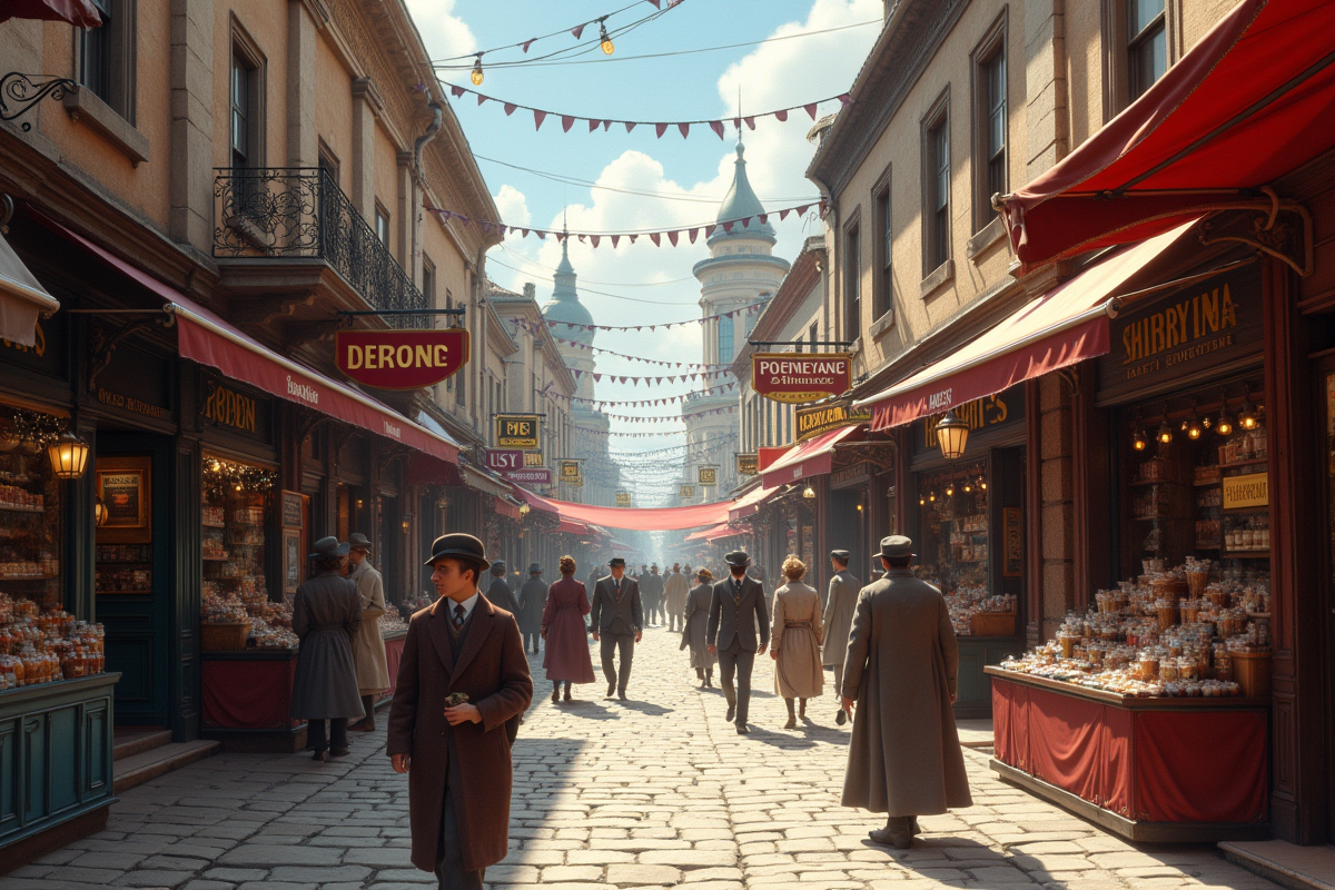 Marché animé du début 20e siècle avec boutiques et passants