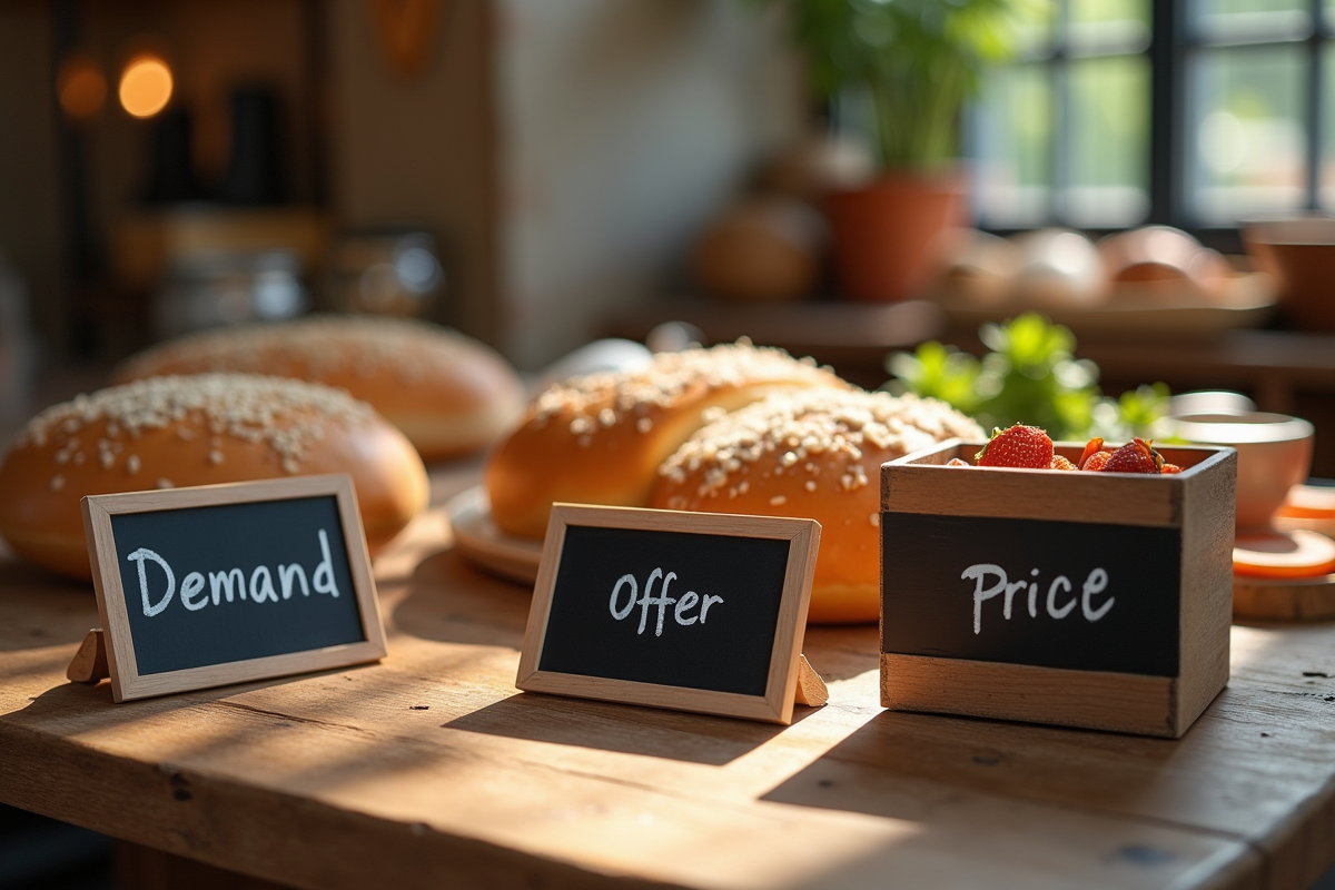 Vue de dessus de produits avec étiquettes demand offer et prix sur table