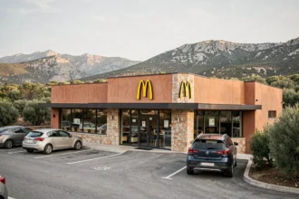 Façade d'un restaurant McDonald's intégré dans un environnement naturel corse avec maquis et collines rocheuses en arrière-plan
