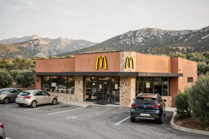 Façade d'un restaurant McDonald's intégré dans un environnement naturel corse avec maquis et collines rocheuses en arrière-plan