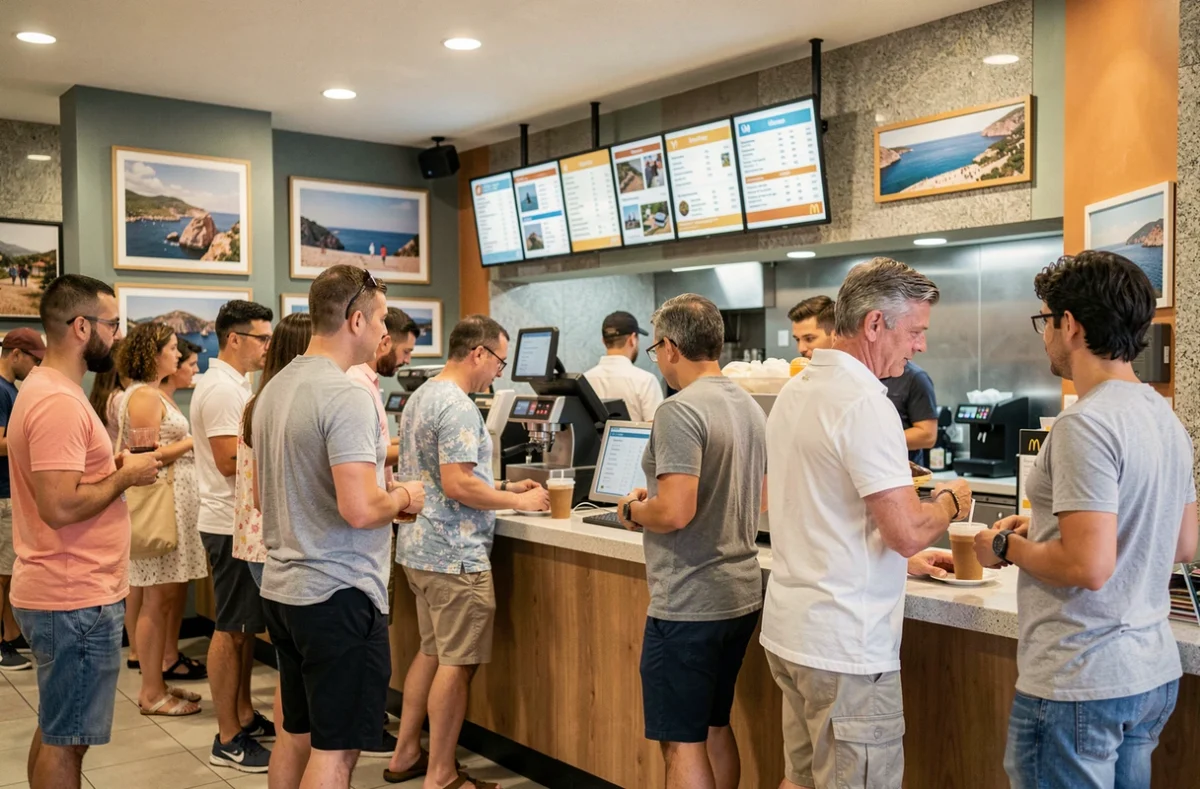 Intérieur d'un restaurant McDonald's avec décoration inspirée de la Corse et clients en tenue estivale au comptoir de commande