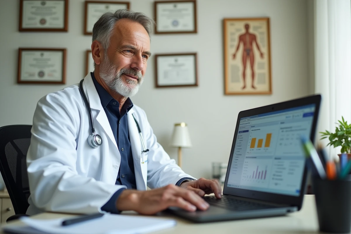 Médecin généraliste consultant un tableau de bord de gestion des rendez-vous patients sur son ordinateur portable