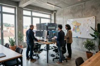 Vue d'ensemble d'une agence SEO moderne dans les Bouches-du-Rhône, avec des professionnels analysant des données de référencement naturel