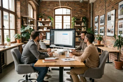 Équipe d'une agence web en Moselle collaborant autour d'un écran dans un bureau moderne