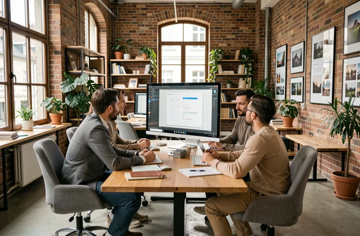 Équipe d'une agence web en Moselle collaborant autour d'un écran dans un bureau moderne
