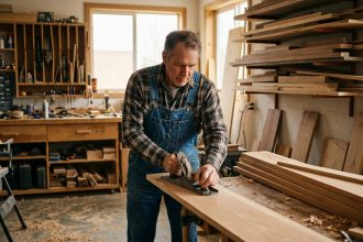Photo hyperrealiste d'un menuisier en atelier en train de poncer un bois