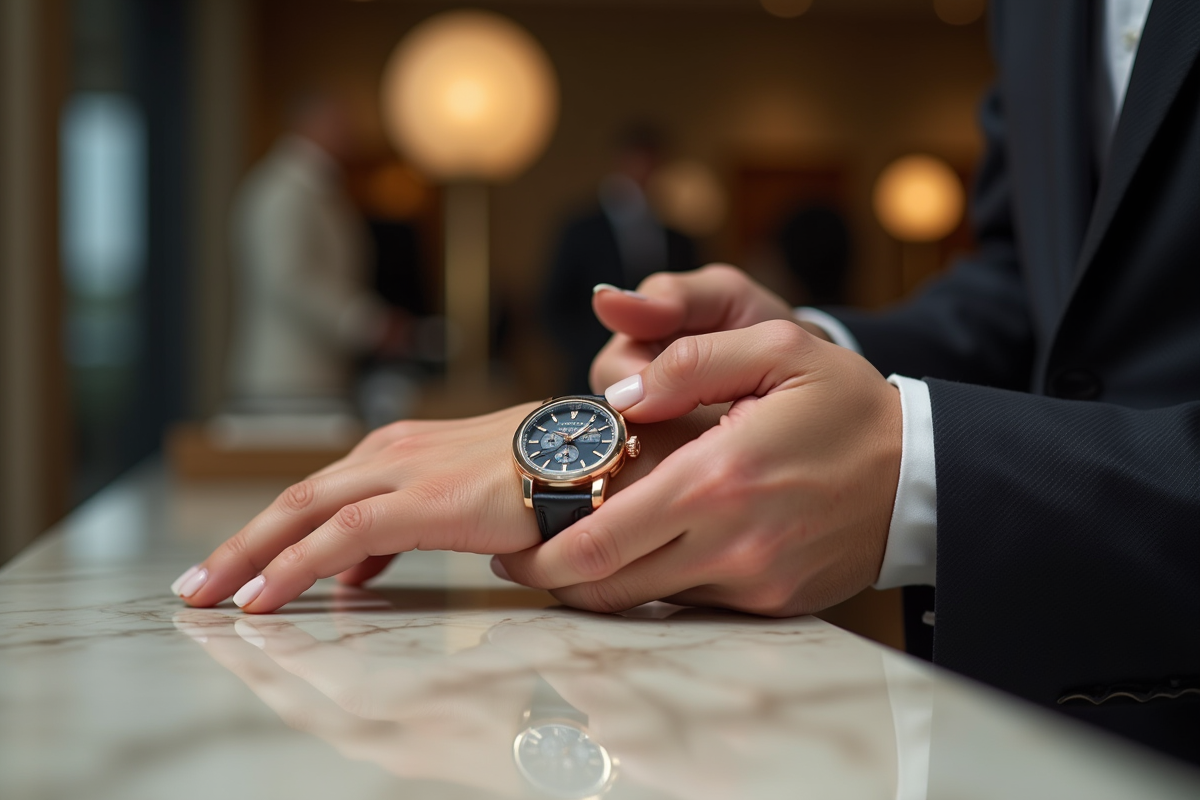 Mains manucurées présentant une montre de luxe sur un comptoir