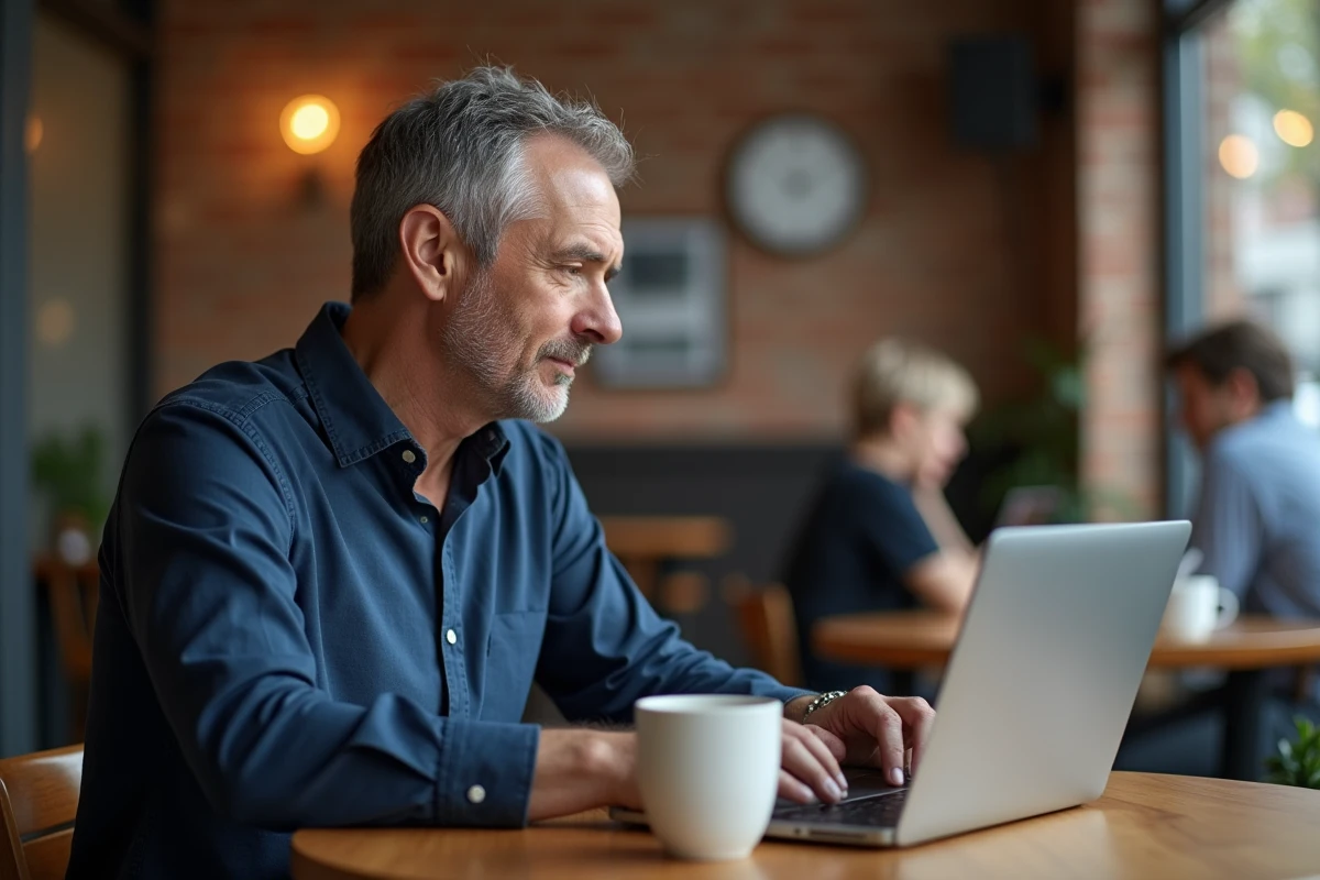 Homme utilisant un ordinateur portable dans un café pour générer un numéro de téléphone temporaire afin de protéger ses données personnelles
